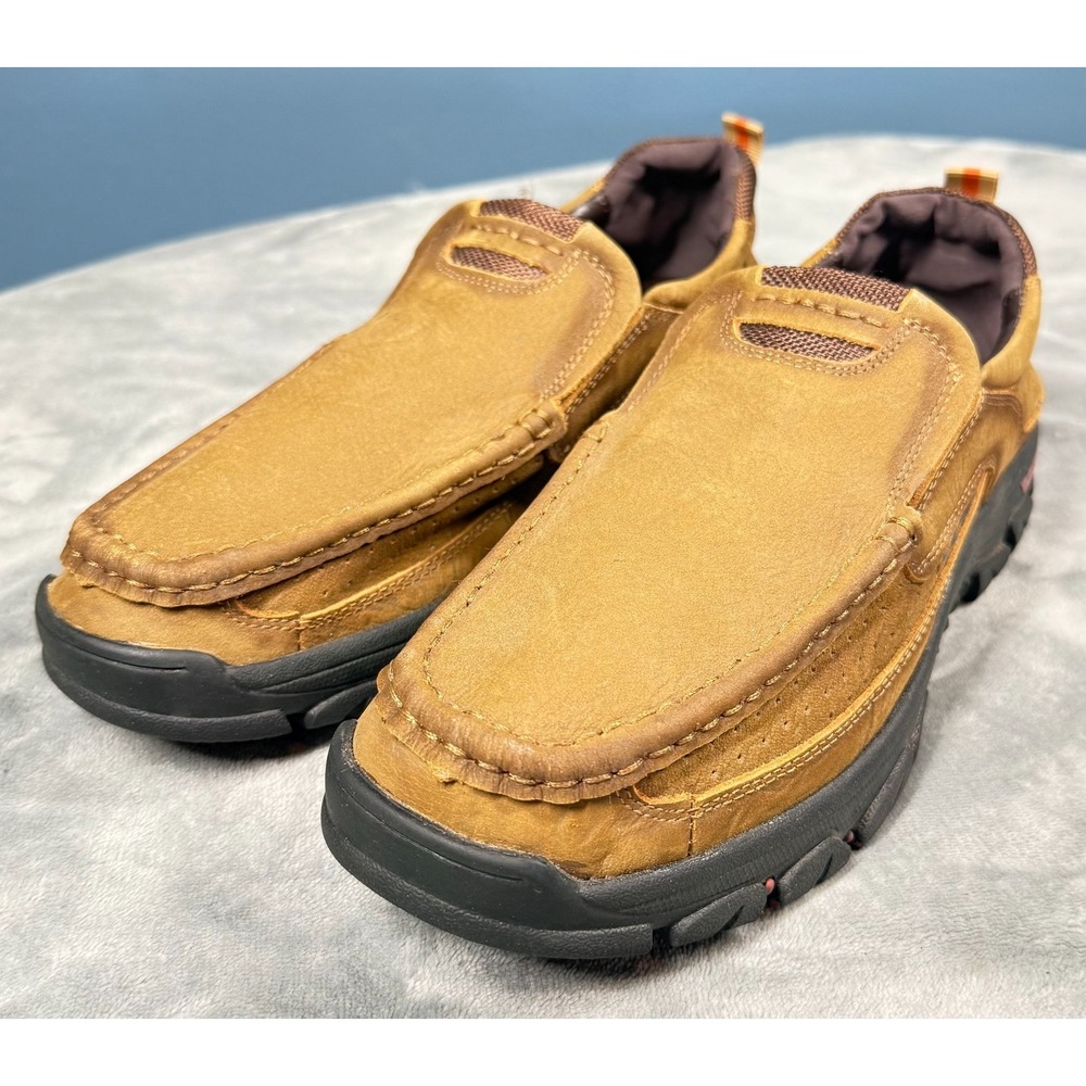 Cosidram Mens Slip On Moc Toe Shoes Size 8 Brown Leather Rugged Sole